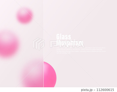 Glass morphism landing page. Transparent rectangular template with pink spheres. 112600615