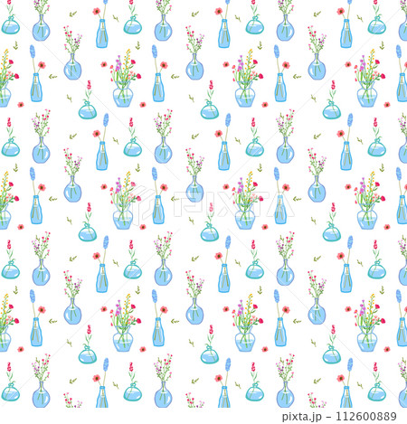Seamless floral pattern. Endless botanical background. Fresh spring flowers and wildflowers, repeating print. Simple natural texture for textile design, fabric. Colorful graphic vector illustration.. Seamless floral pattern. Endless botanical background. Fresh spring flowers and wildflowers, repeating print. Simple natural texture for textile design, fabric. Colorful graphic vector illustration.. 112600889