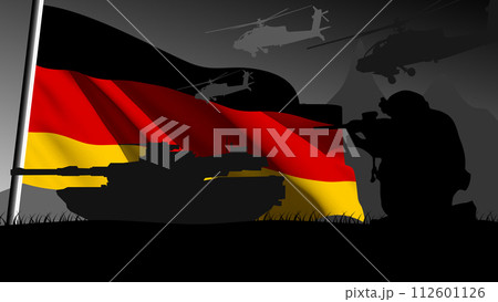 Germany is ready to enter into war, silhouette of military vehicles with the country's flag waving Germany is ready to enter into war, silhouette of military vehicles with the country's flag waving 112601126
