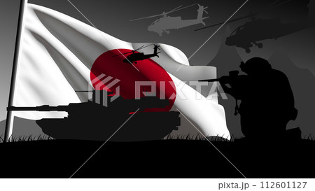 Japan is ready to enter into war, silhouette of military vehicles with the country's flag waving Japan is ready to enter into war, silhouette of military vehicles with the country's flag waving 112601127