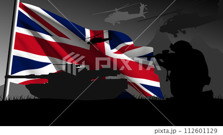 The UK is ready to enter into war, silhouette of military vehicles with the country's flag waving 112601129