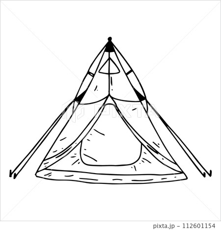hiking tent. simple line drawing in doodle style. 112601154
