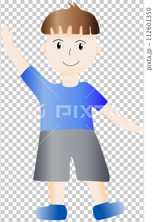 A cartoon boy with a smiling face is raising one hand 112601350