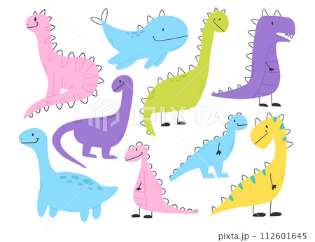Set of cute dinosaurs in scandinavian style. Collection of baby dino isolated on white background. Vector illustration. Set of cute dinosaurs in scandinavian style. Collection of baby dino isolated on white background. Vector illustration. 112601645