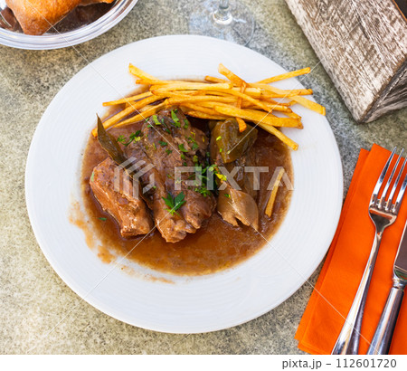 Stew beef and potato stew with wild mushrooms, homemade dinner 112601720