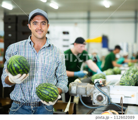 Cheerful worker standing with watermelons near sorting line at factory Cheerful worker standing with watermelons near sorting line at factory 112602089