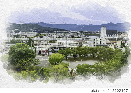 水彩画風　上田市街地　上田城からの眺め　長野県上田市 112602197