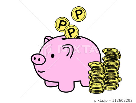 ポイントをコツコツとブタの貯金箱に貯めてるイラスト ポイントをコツコツとブタの貯金箱に貯めてるイラスト 112602292