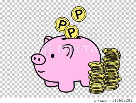 ポイントをコツコツとブタの貯金箱に貯めてるイラスト ポイントをコツコツとブタの貯金箱に貯めてるイラスト 112602292