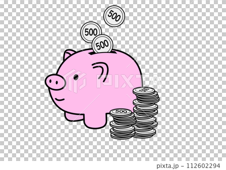 Illustration of a pig diligently saving 500 yen coins in a piggy bank Illustration of a pig diligently saving 500 yen coins in a piggy bank 112602294