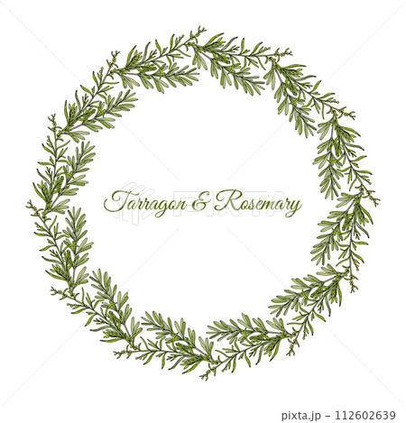 Tarragon and rosemary floral hand drawn wreath Tarragon and rosemary floral hand drawn wreath 112602639