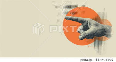 Halftone collage with pointing hand in grunge style. Vintage poster. AI generated. 112603495