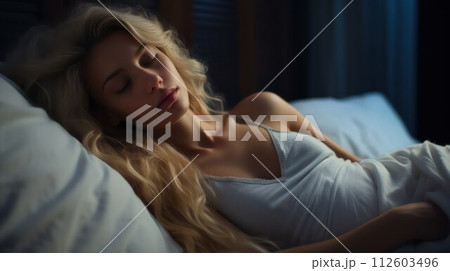 Girl sleep in bed. Sleeping caucasian woman in comfortable bedroom. Pillow and linen, person lying in room. Adult female resting, night portrait of people. AI generated 112603496