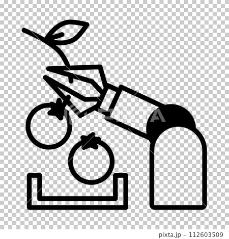 Automatic harvesting robot icon. Harvesting tomatoes. Automatic harvesting robot icon. Harvesting tomatoes. 112603509