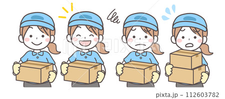 ダンボールを持った配達業者の女性のイラスト1 ダンボールを持った配達業者の女性のイラスト1 112603782