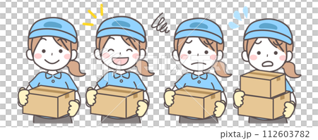 ダンボールを持った配達業者の女性のイラスト1 ダンボールを持った配達業者の女性のイラスト1 112603782