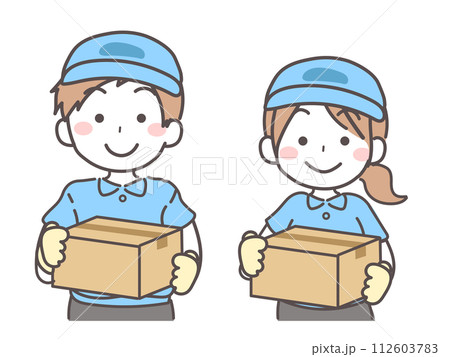 ダンボールを持った配達業者の男性女性のイラスト1-1 ダンボールを持った配達業者の男性女性のイラスト1-1 112603783