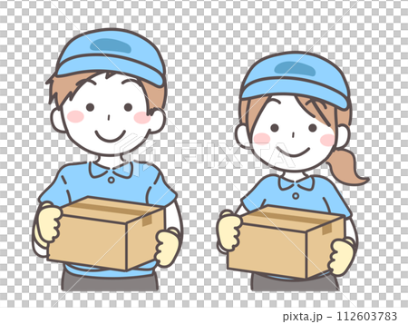 ダンボールを持った配達業者の男性女性のイラスト1-1 ダンボールを持った配達業者の男性女性のイラスト1-1 112603783