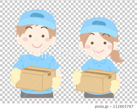 ダンボールを持った配達業者の男性女性のイラスト2-1 112603787