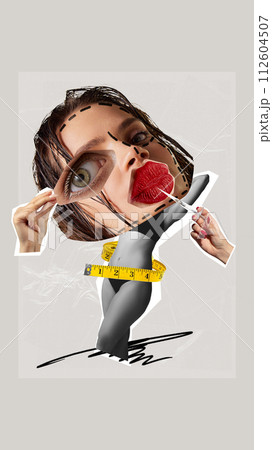 Facial correction surgery, lip augmentation and weight loss. Female plastic surgery. Contemporary art collage. Facial correction surgery, lip augmentation and weight loss. Female plastic surgery. Contemporary art collage. 112604507
