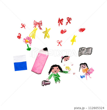 子供がクレヨンで描いたお勉強イラスト 筆記用具 子供がクレヨンで描いたお勉強イラスト 筆記用具 112605324