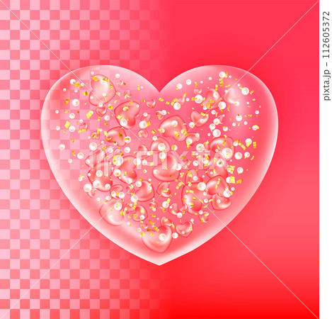 Red realistic glass heart. Plastic transparent heart shape bubble. 3d vector 112605372
