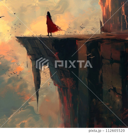 Surreal cliff-edge moment, a figure in red overlooks a dreamlike abyss, 112605520