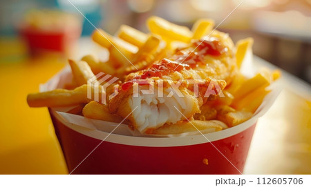Close up of Fish and French fries or potato chips for advertisement of commercial. Close up of Fish and French fries or potato chips for advertisement of commercial. 112605706