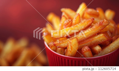 Close up of French fries or potato chips on red background. 112605714