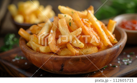 Close up of French fries or potato chips on wooden bowl. Close up of French fries or potato chips on wooden bowl. 112605715