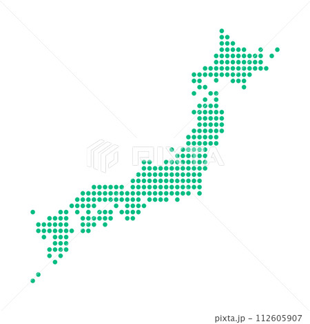 緑色の丸で作ったシンプルな日本地図 - 日本列島のシルエットのマップ 112605907