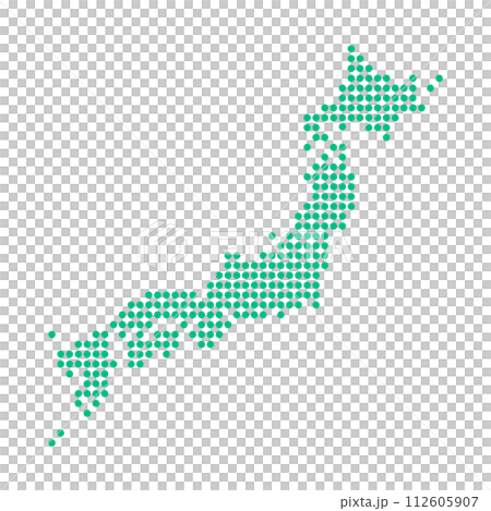 緑色の丸で作ったシンプルな日本地図 - 日本列島のシルエットのマップ 112605907