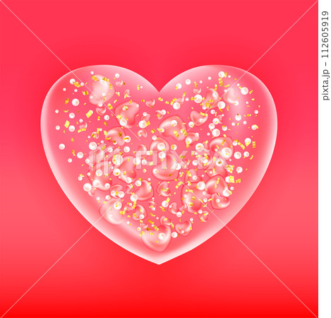 Red realistic glass heart. Plastic transparent heart shape bubble. 3d vector Red realistic glass heart. Plastic transparent heart shape bubble. 3d vector 112605919