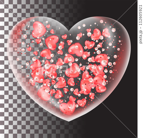 Red realistic glass heart. Plastic transparent heart shape bubble. 3d vector Red realistic glass heart. Plastic transparent heart shape bubble. 3d vector 112605921