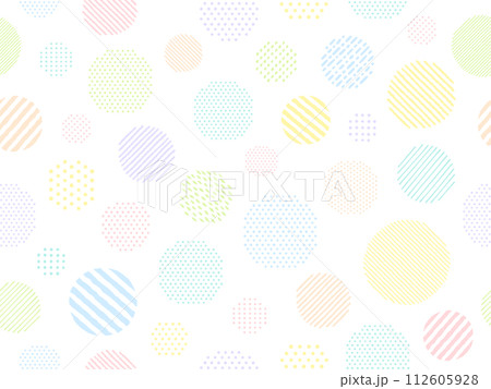 手描き風のカラフルなドットとストライプ柄の円のパターン背景 112605928