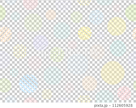手描き風のカラフルなドットとストライプ柄の円のパターン背景 112605928