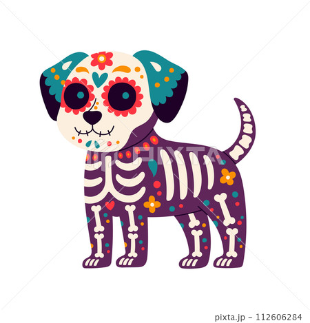 Day of the Dead, Dia de los muertos, dog skull and skeleton decorated with colorful Mexican elements and flowers. Day of the Dead, Dia de los muertos, dog skull and skeleton decorated with colorful Mexican elements and flowers. 112606284
