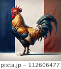 AI-generated content. Gallic Rooster, the National Bird of France, Posing Proudly against French Flag 112606477
