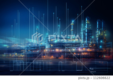 Double exposure of petrochemical and oil refinery plant with digital interface Double exposure of petrochemical and oil refinery plant with digital interface 112606622