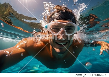 Young male swimmer in goggles swimming underwater in indoor swimming pool Young male swimmer in goggles swimming underwater in indoor swimming pool 112606623