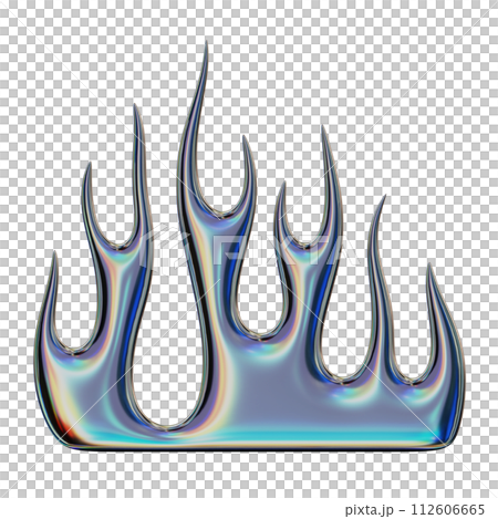 3D flame. Trendy Y2K element. Iridescent colorful burning fire shape with glossy chromium effect. 3D render. Isolated illustration 112606665