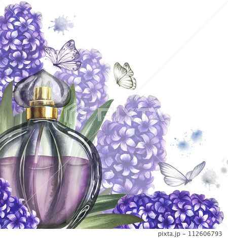 A frame with a perfume bottle made of transparent glass with hyacinth flowers. Vintage purple perfume. A hand-drawn watercolor illustration. For packaging, postcards and labels. For banners, flyers. A frame with a perfume bottle made of transparent glass with hyacinth flowers. Vintage purple perfume. A hand-drawn watercolor illustration. For packaging, postcards and labels. For banners, flyers. 112606793