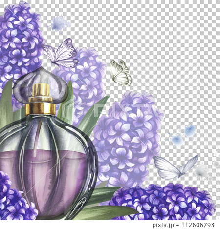 A frame with a perfume bottle made of transparent glass with hyacinth flowers. Vintage purple perfume. A hand-drawn watercolor illustration. For packaging, postcards and labels. For banners, flyers. A frame with a perfume bottle made of transparent glass with hyacinth flowers. Vintage purple perfume. A hand-drawn watercolor illustration. For packaging, postcards and labels. For banners, flyers. 112606793