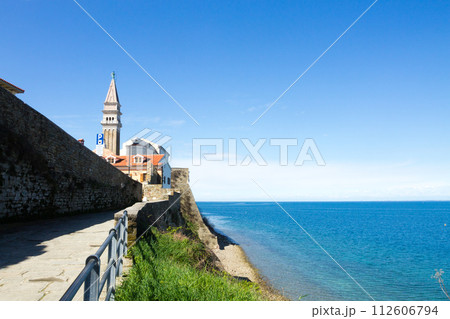 Piran shoreline in summer season landscape 112606794