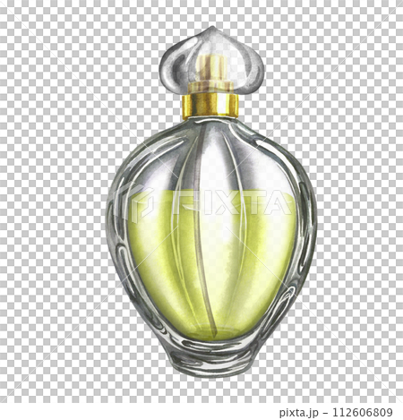 A perfume bottle made of transparent glass. Vintage yellow perfume. A hand-drawn watercolor illustration. Isolate her. For packaging, postcards and labels. For banners, flyers and posters. 112606809