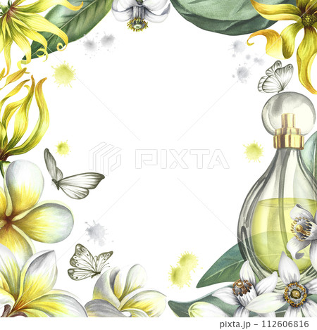 A frame with perfume flowers of plumeria, frangipani, orange blossom and ylang-ylang. Vintage delicate frame with tropical flowers and butterflies. Hand-drawn watercolor illustration. For postcards. 112606816
