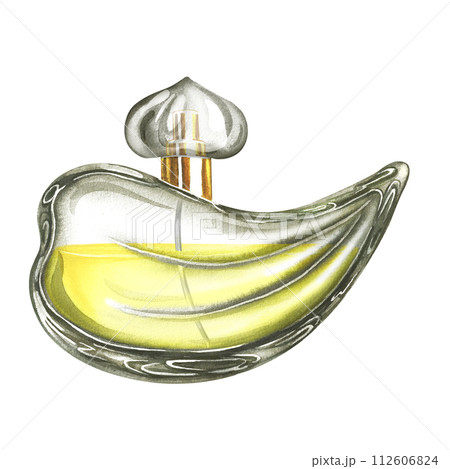 A perfume bottle made of transparent glass. Vintage yellow perfume. A hand-drawn watercolor illustration. Isolate her. For packaging, postcards and labels. For banners, flyers and posters. A perfume bottle made of transparent glass. Vintage yellow perfume. A hand-drawn watercolor illustration. Isolate her. For packaging, postcards and labels. For banners, flyers and posters. 112606824