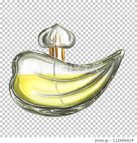 A perfume bottle made of transparent glass. Vintage yellow perfume. A hand-drawn watercolor illustration. Isolate her. For packaging, postcards and labels. For banners, flyers and posters. A perfume bottle made of transparent glass. Vintage yellow perfume. A hand-drawn watercolor illustration. Isolate her. For packaging, postcards and labels. For banners, flyers and posters. 112606824