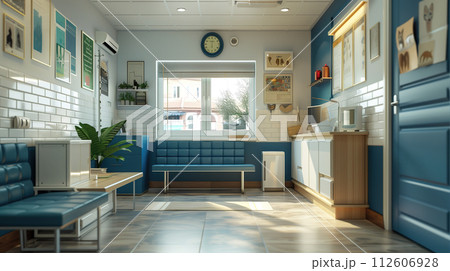 AI-generated content. Blue and White Room With a Couch and Table. Generative AI 112606928