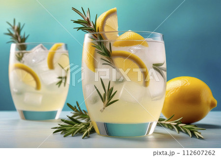 Summer refreshing lemonade drink or alcoholic cocktail with ice, rosemary and lemon slices on pastel background. 112607262